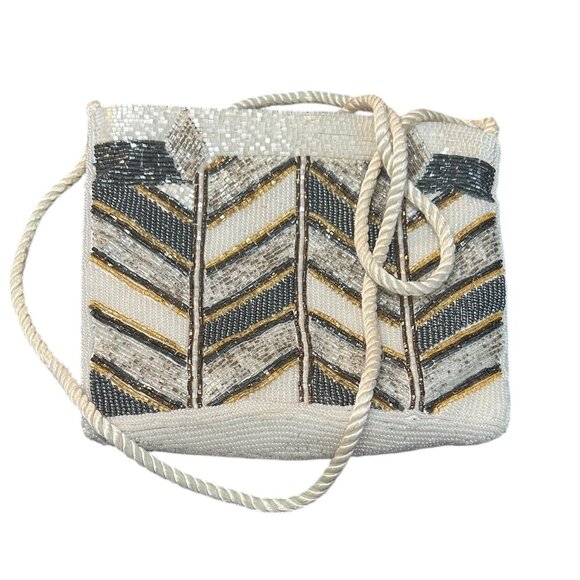 Vtg Beaded Evening Bag Cream Black Beads 80s Formal Party Crossbody Edgy Bold - Picture 2 of 5